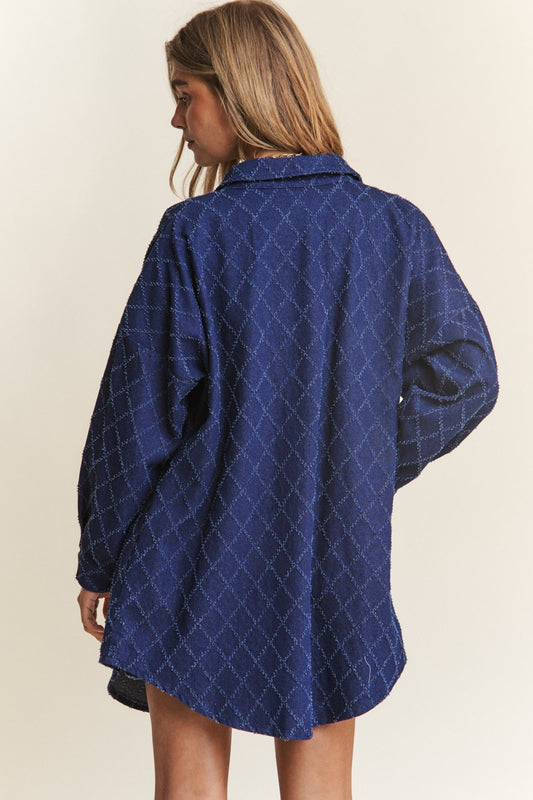 Rhombus Stitched Button Up Denim"Shacket" Shirt Jacket