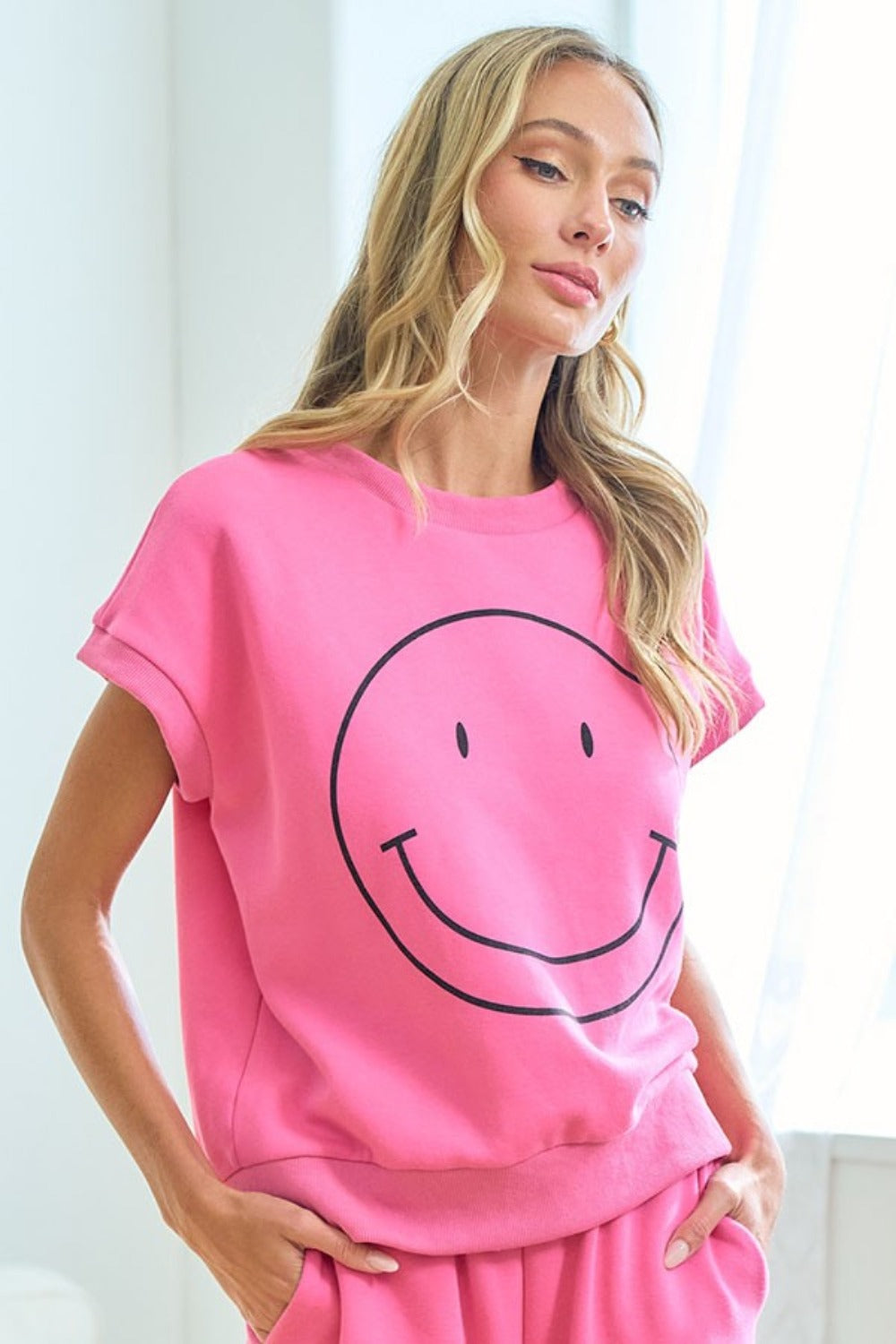 Smiley Face Drop Shoulder Brushed Inside T-Shirt