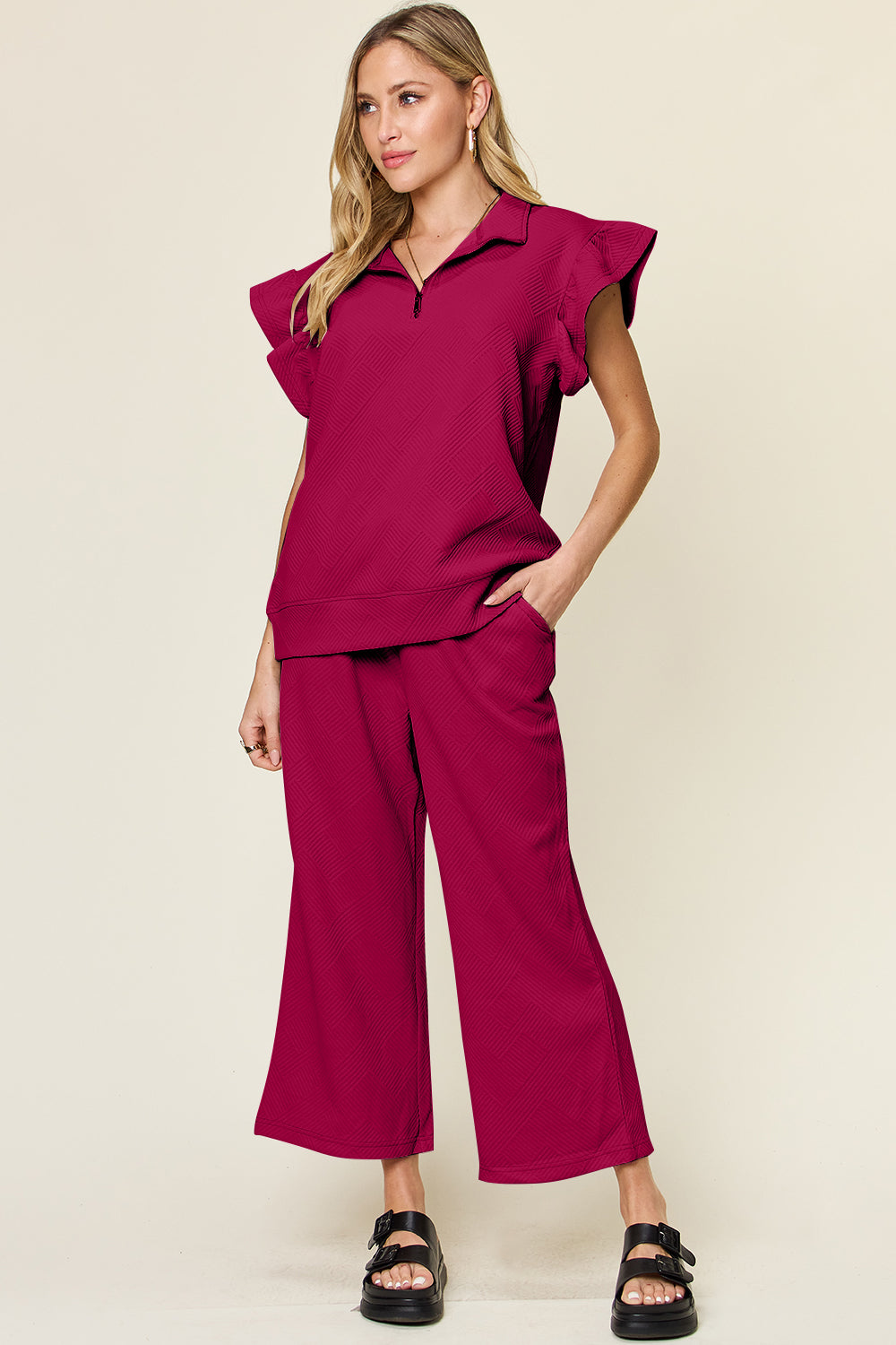 Textured Ruffle Short Sleeve Top and Drawstring Wide Leg Pants Set