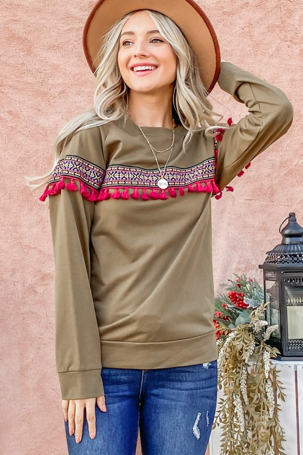 Tassel Trim Long Sleeve Tops