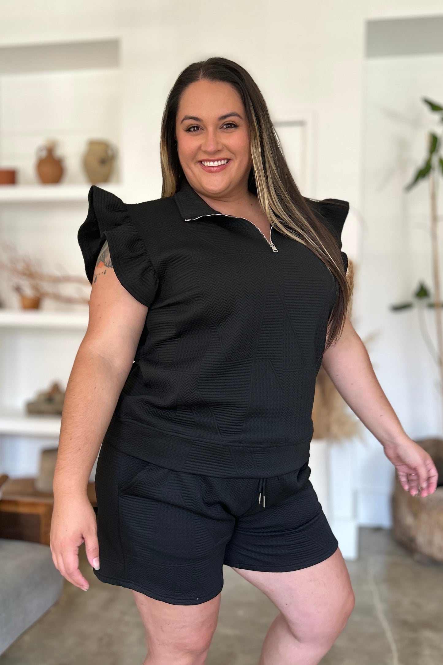 Textured Flounce Sleeve Top and Shorts Set