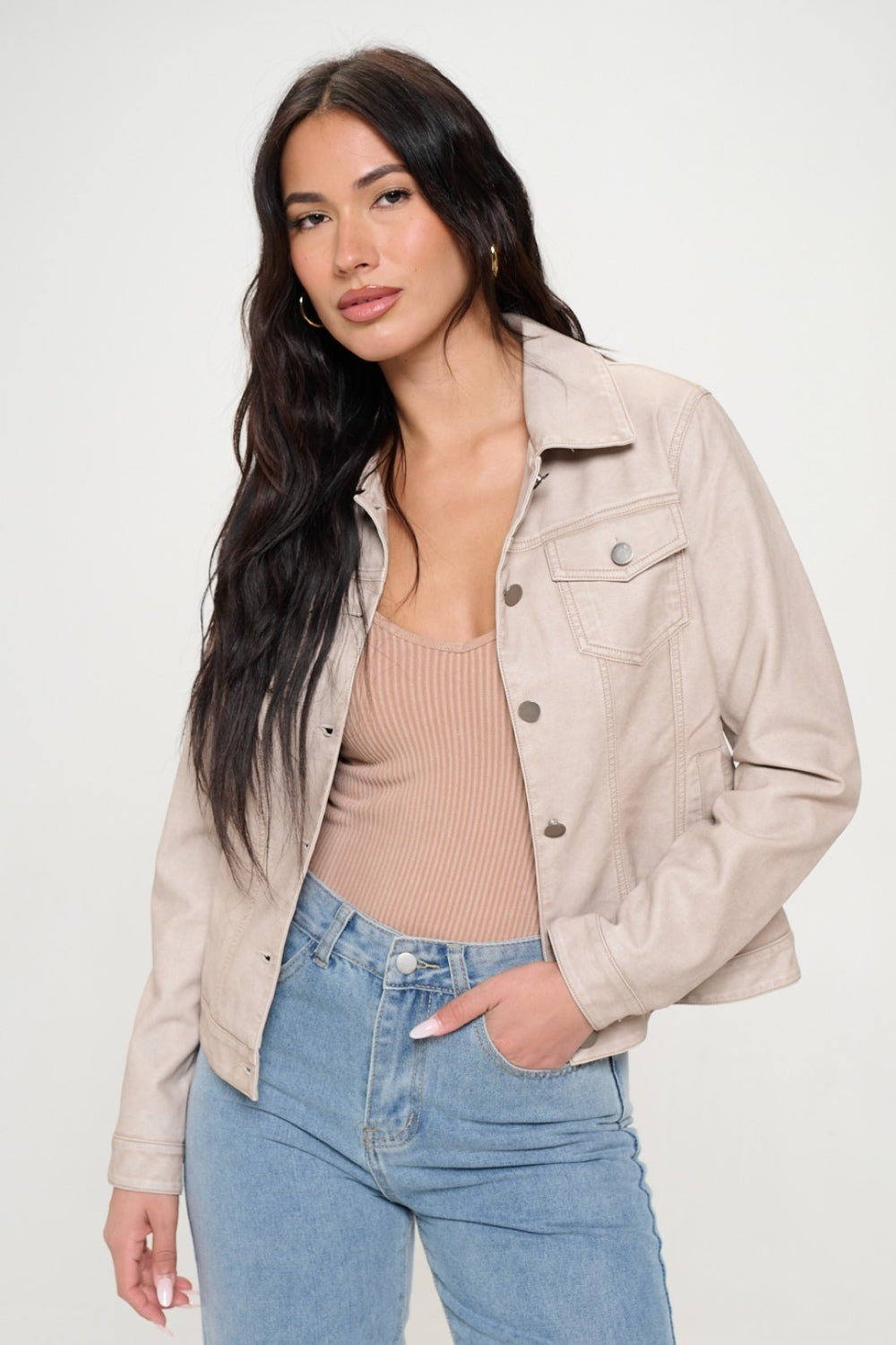 Button Down Cargo Vegan Leather "Shacket" Shirt Jacket