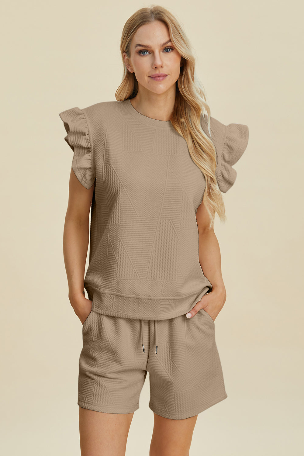 Textured Round Neck Ruffle Sleeve Top and Shorts Set