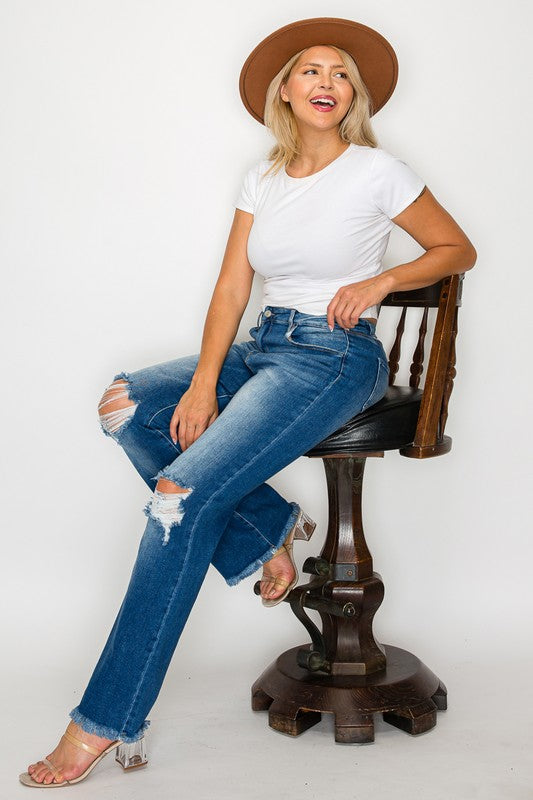 Raw Hem Distressed High Rise Bootcut Jeans