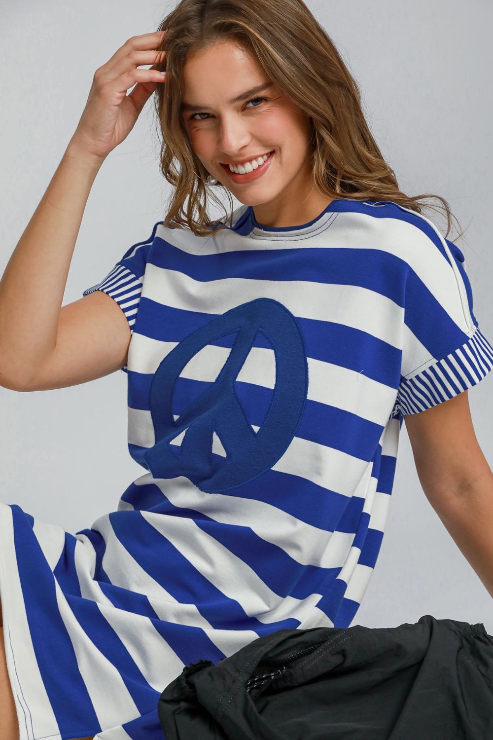 Peace Applique Striped Short Sleeve Mini Dress