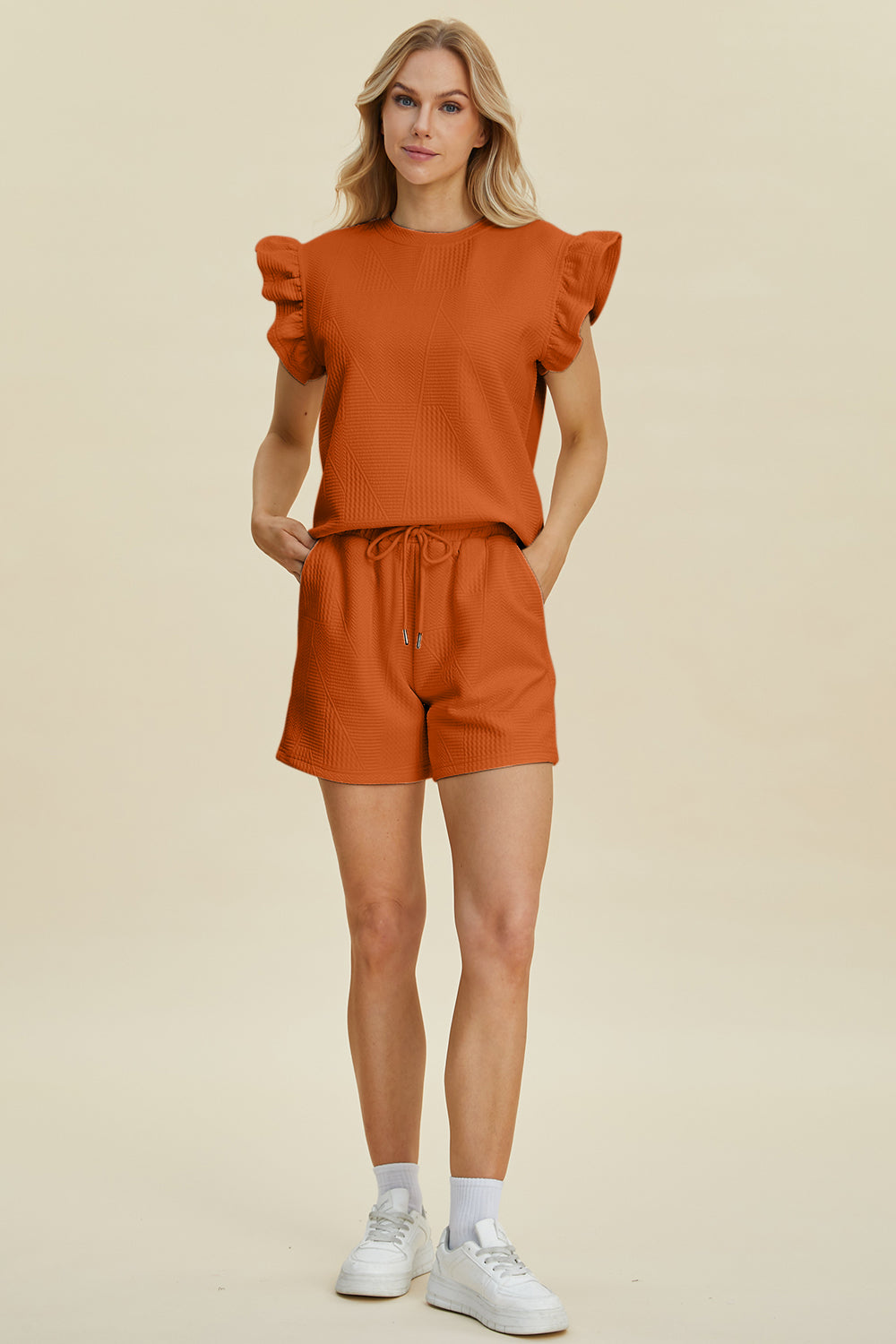 Textured Round Neck Ruffle Sleeve Top and Shorts Set