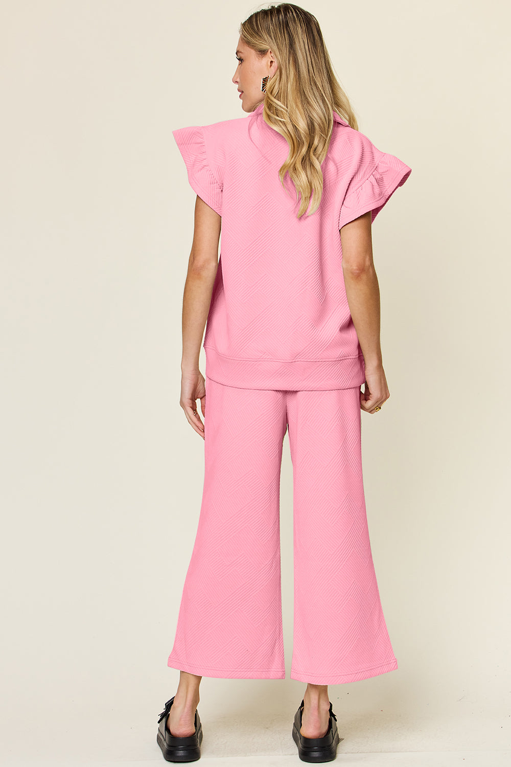 Textured Ruffle Short Sleeve Top and Drawstring Wide Leg Pants Set