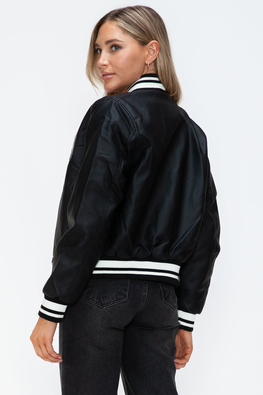 PU Leather Contrast Snap Down Bomber Jacket