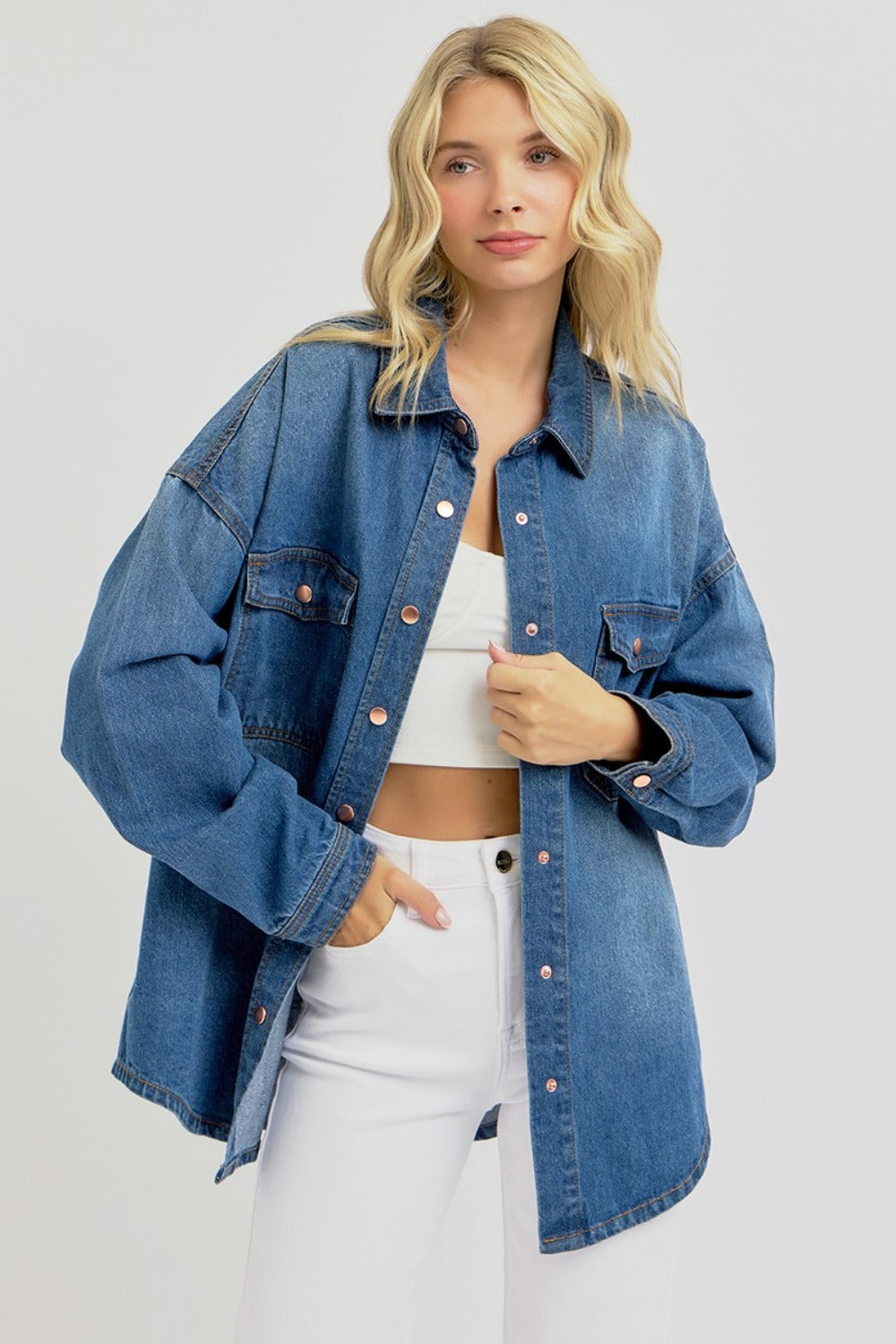 Snap Down Long Sleeve Denim"Shacket" Shirt Jacket