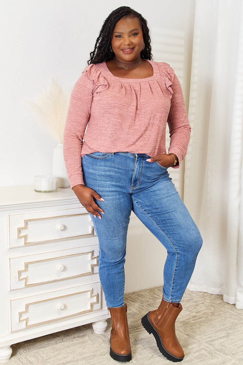 Square Neck Ruffle Shoulder Long Sleeve Tops
