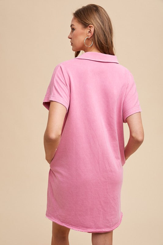Mineral Washed Johnny Collar Short Sleeve Dress