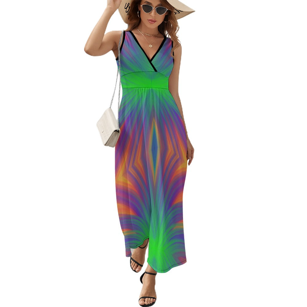 Women’s Multicolor Geometric V-Neck Maxi Dress