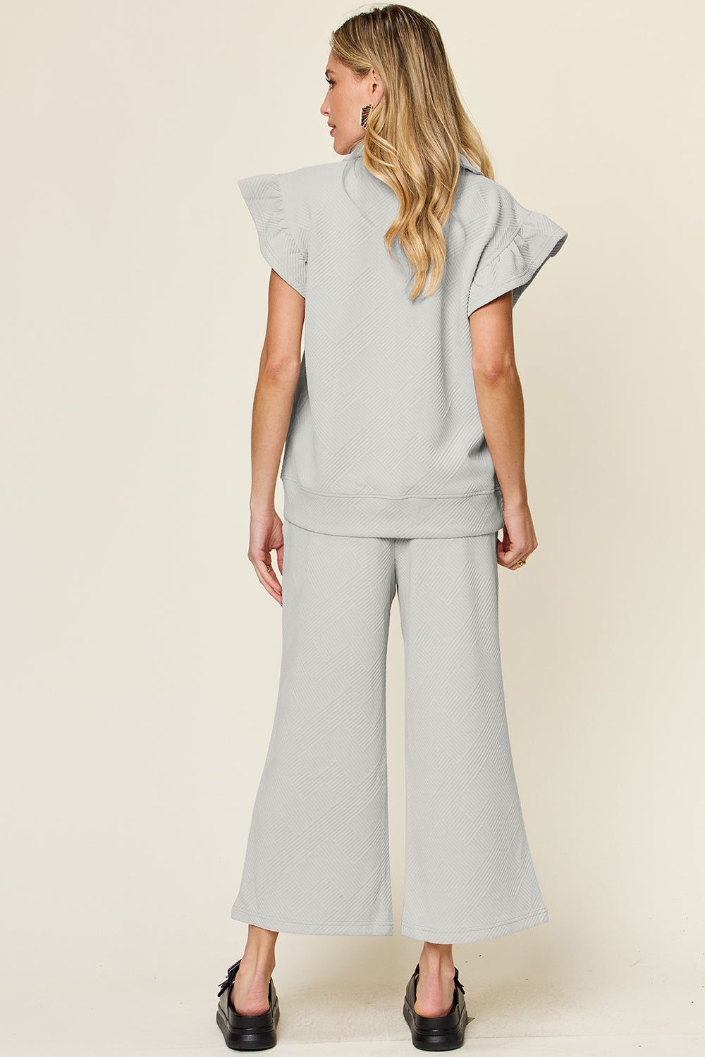 Textured Ruffle Short Sleeve Top and Drawstring Wide Leg Pants Set