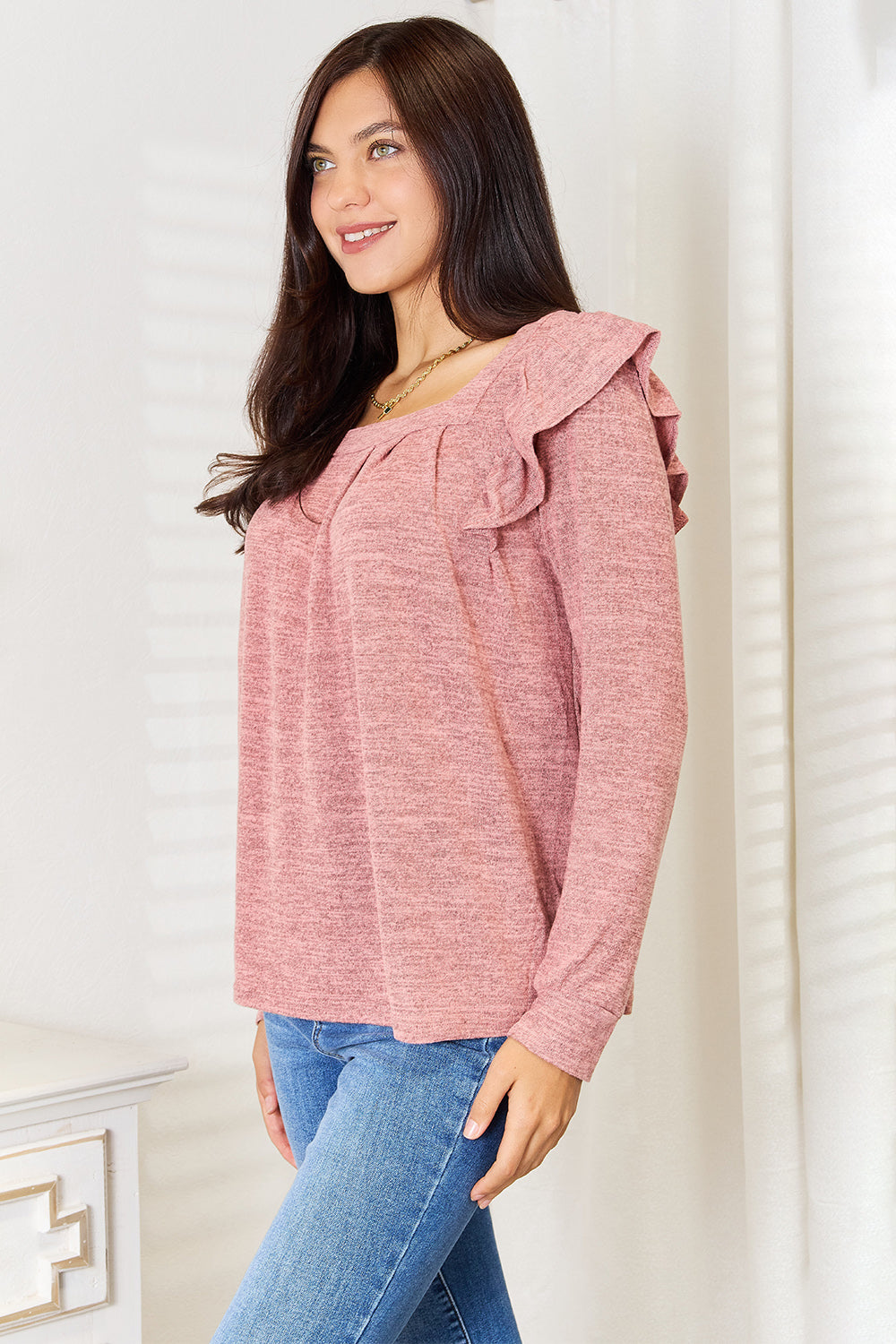 Square Neck Ruffle Shoulder Long Sleeve Tops