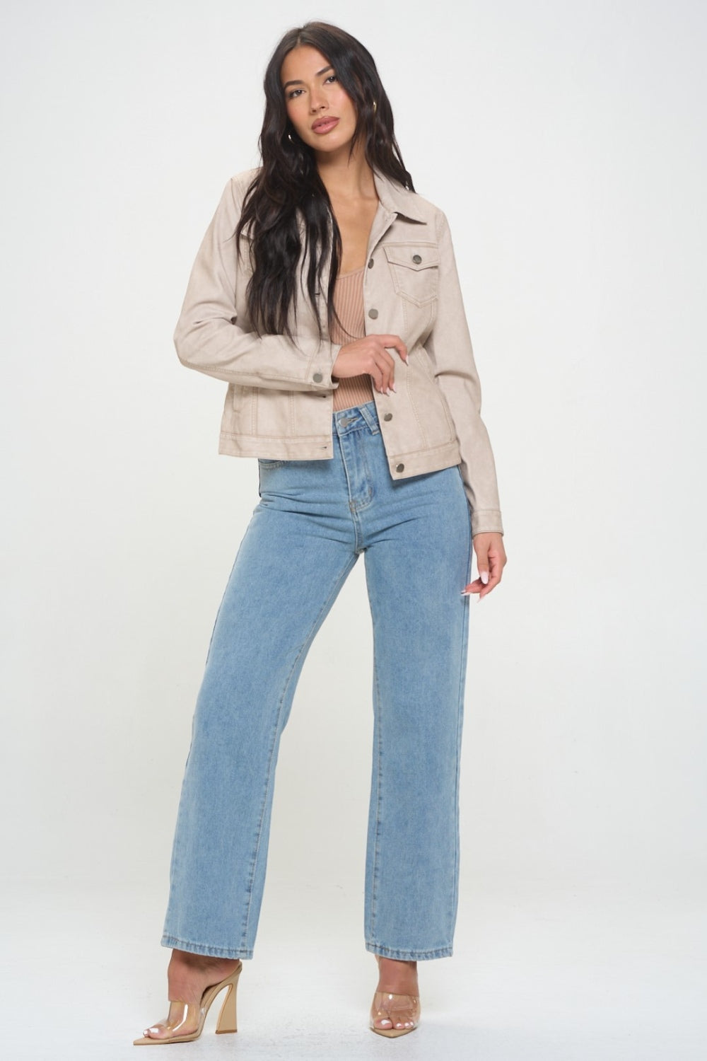 Button Down Cargo Vegan Leather "Shacket" Shirt Jacket