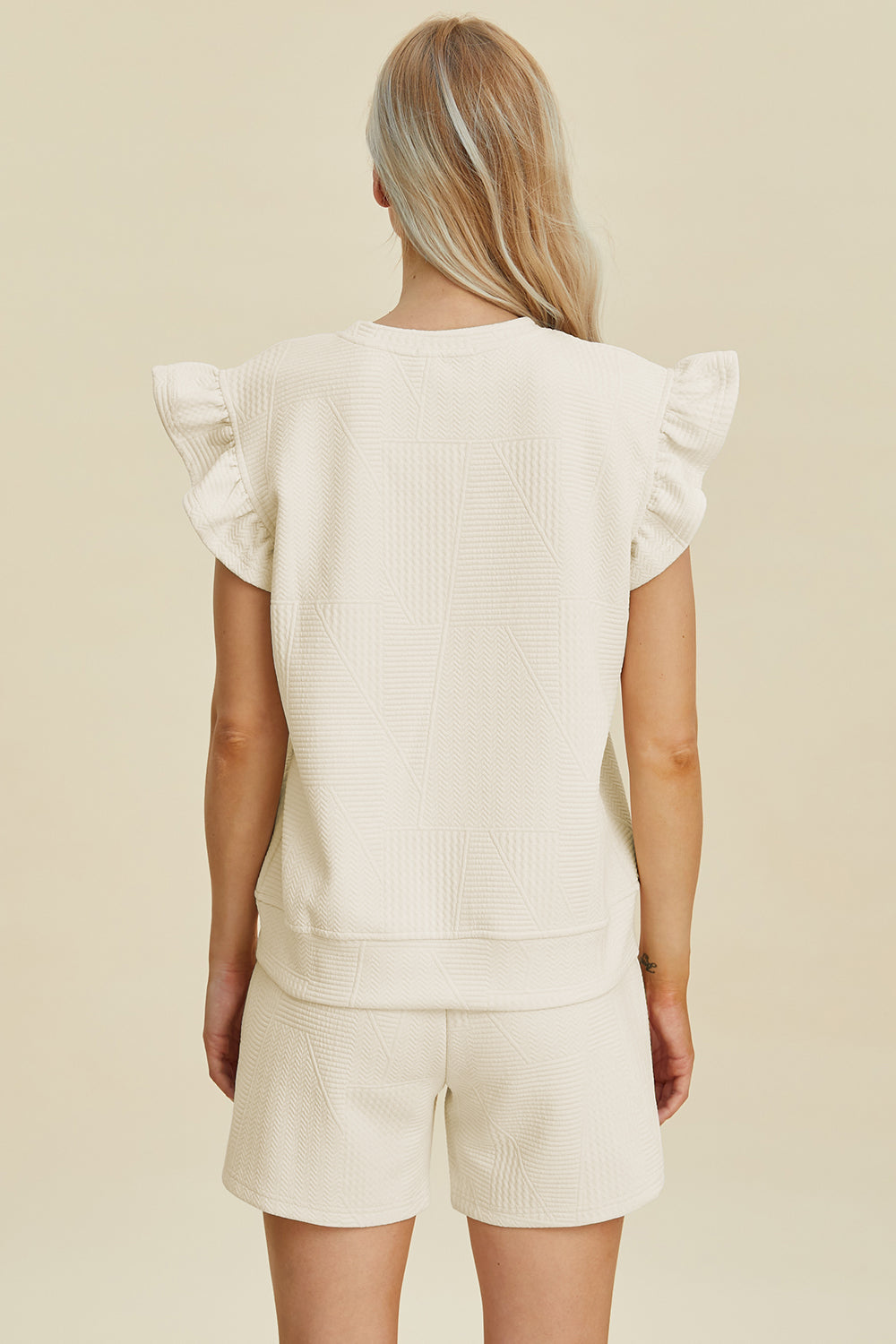 Textured Round Neck Ruffle Sleeve Top and Shorts Set