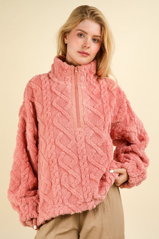 Fuzzy Fleece Half Zip Cable  Sweatshirt