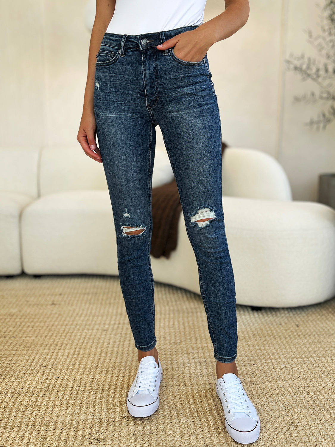 Mid Waist Distressed Slim Jeans