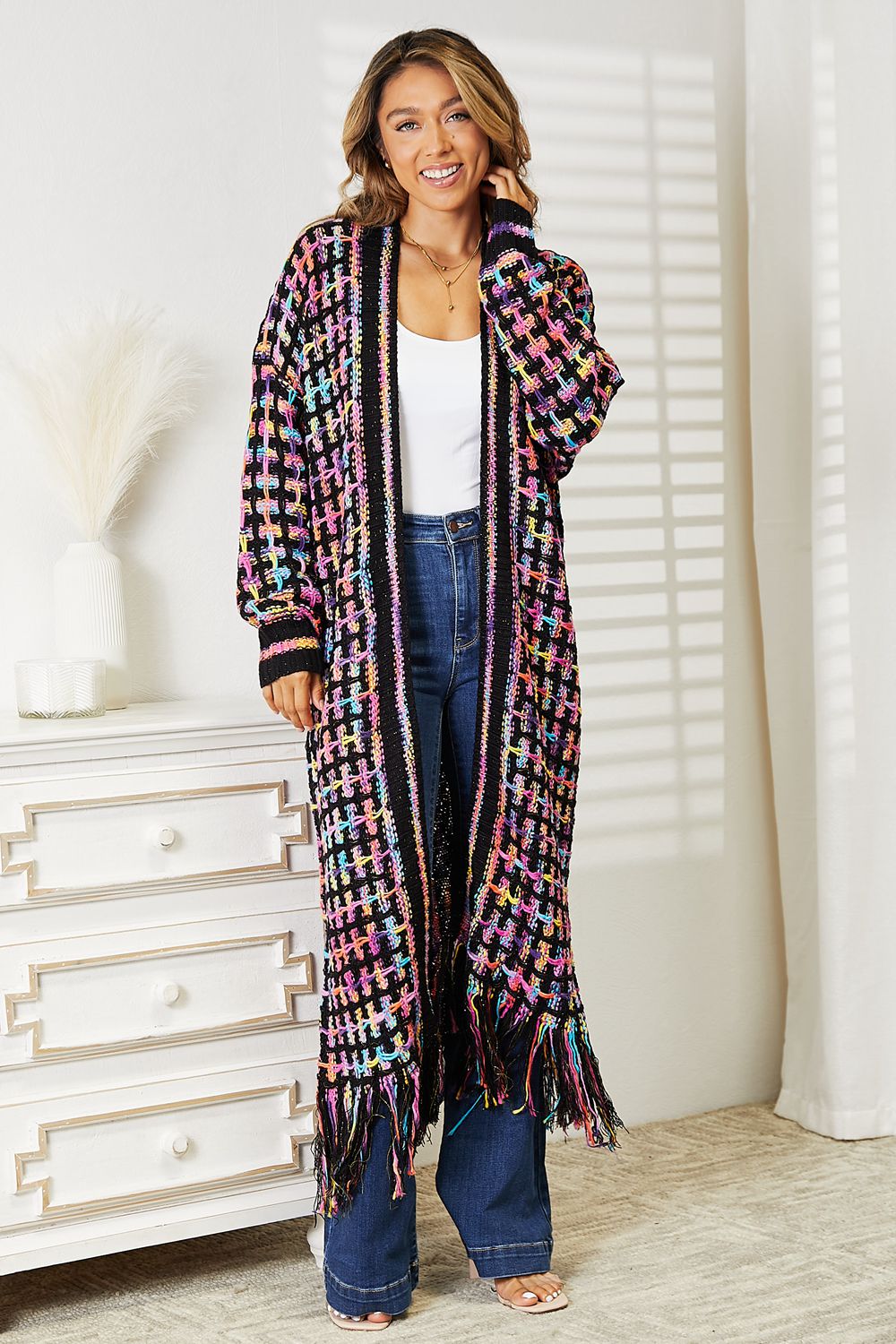 Multicolor Open Front Fringe Hem Cardigan