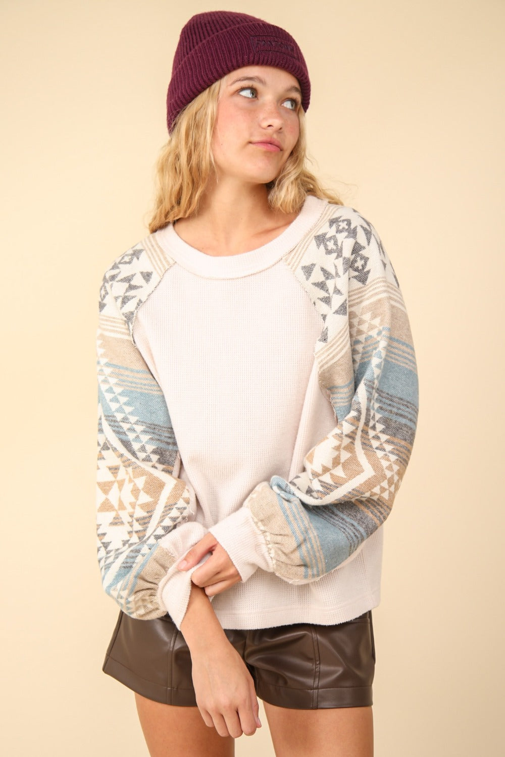 Print Long Sleeve Round Neck Knit Top