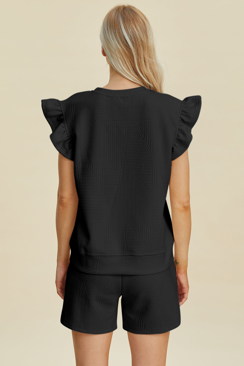 Textured Round Neck Ruffle Sleeve Top and Shorts Set