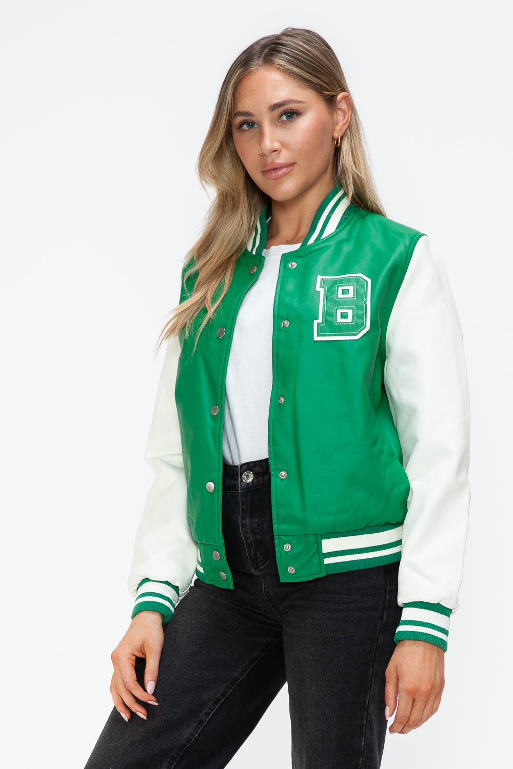 PU Leather Contrast Snap Down Bomber Jacket