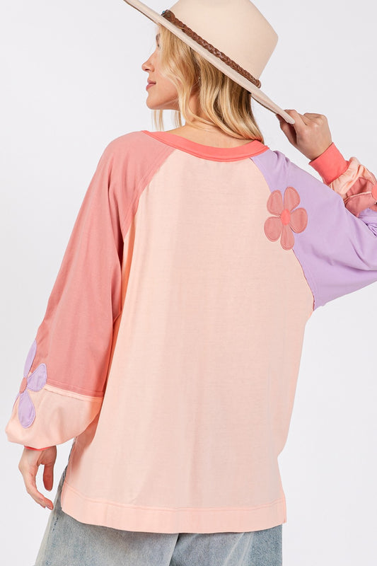 Daisy Applique Patch Color Block Long Sleeve Top