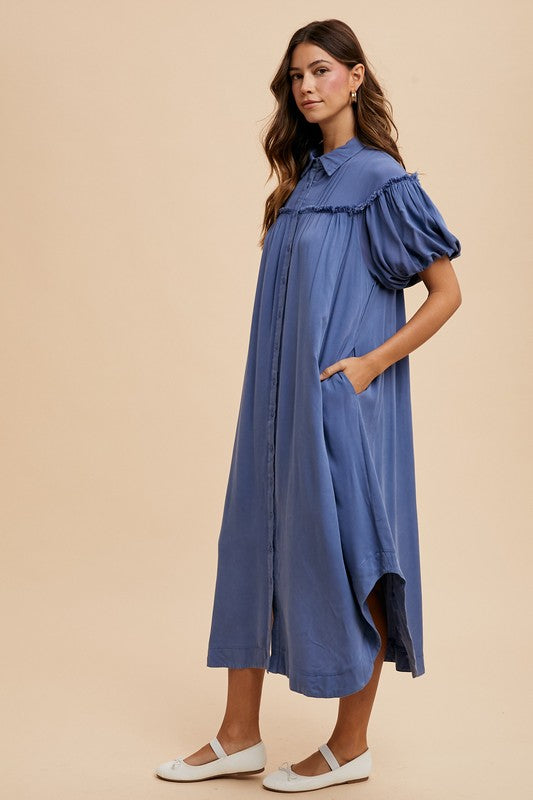 Mineral Washed Button Down Puff Sleeve Shirt Dress
