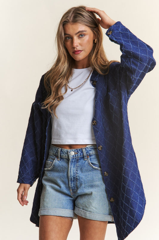 Rhombus Stitched Button Up Denim"Shacket" Shirt Jacket