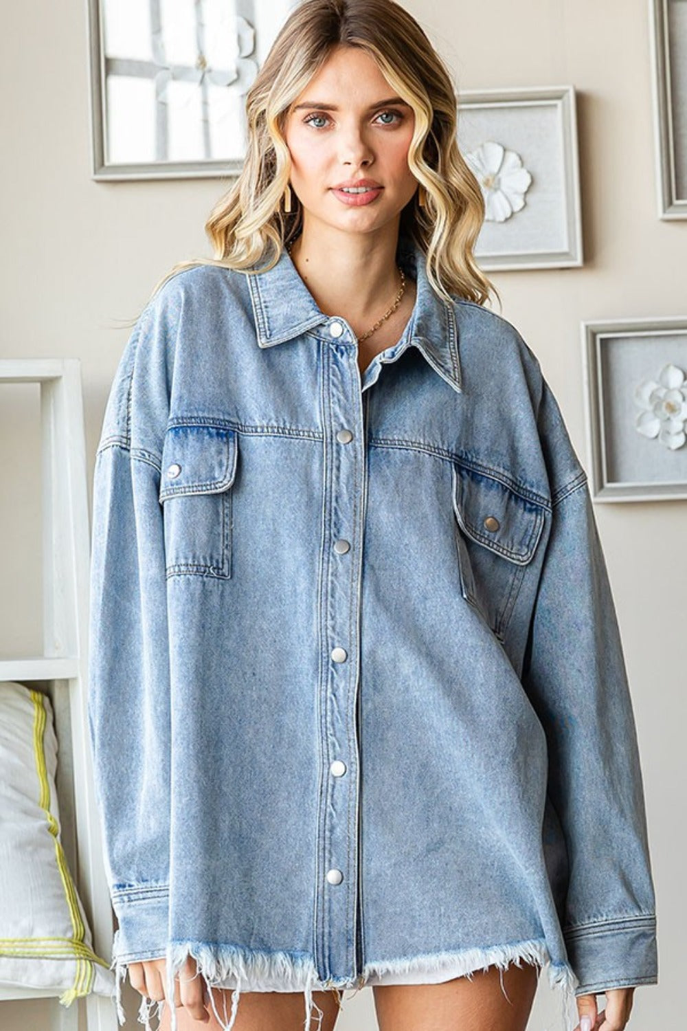 Button Down Raw Hem Denim Jacket with Smiley Face Back