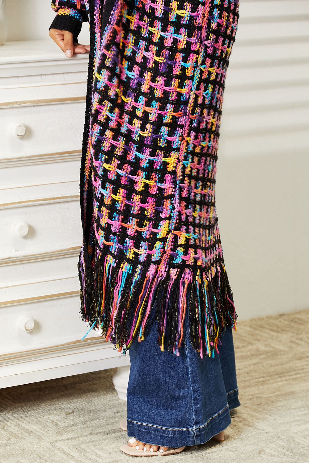 Multicolor Open Front Fringe Hem Cardigan