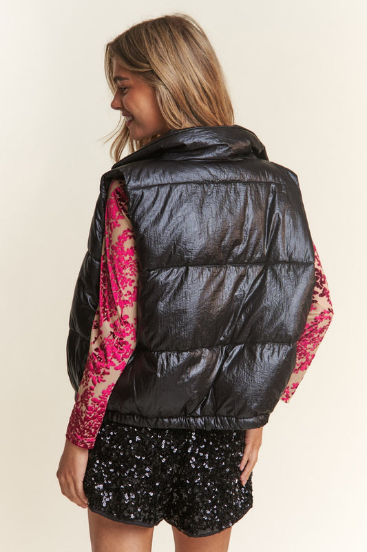 Snap and Zipper Metallic Puffer Vest