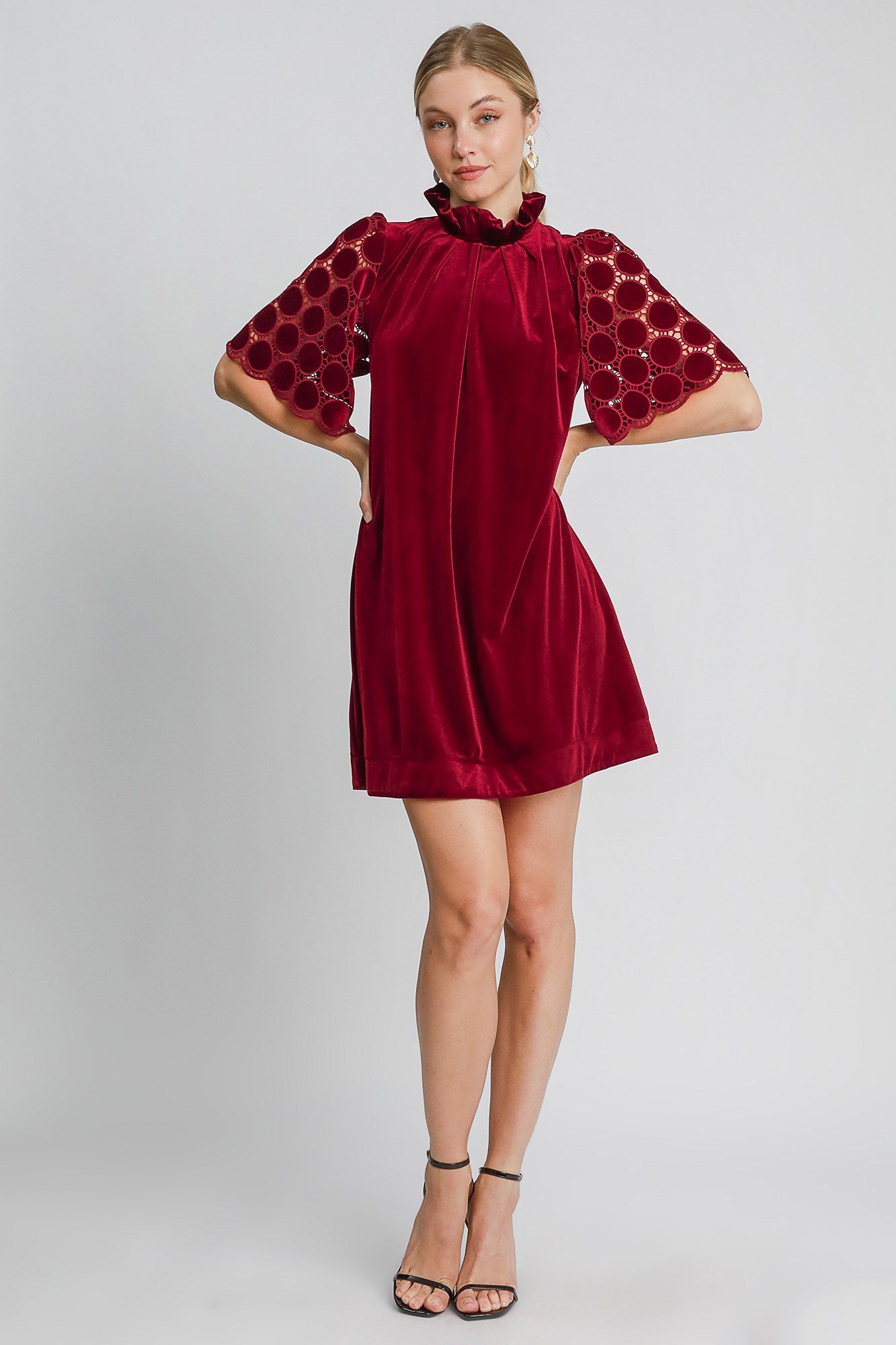 Dotted Lace Half Sleeve Mock Neck Back Tie Velvet Dress