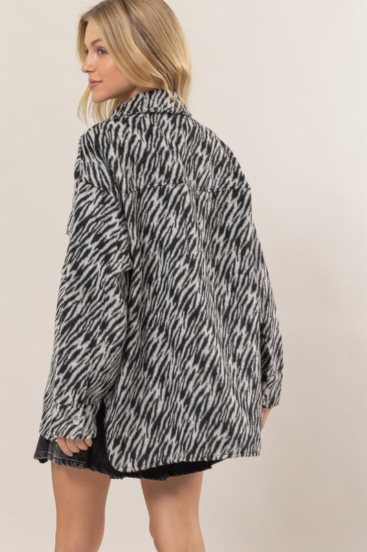 Zebra Print Snap Down Long Sleeve"Shacket" Shirt Jacket