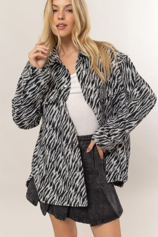 Zebra Print Snap Down Long Sleeve"Shacket" Shirt Jacket