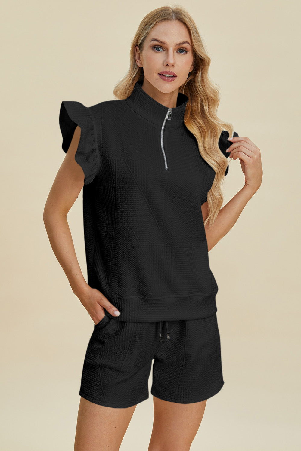 Textured Flounce Sleeve Top and Shorts Set