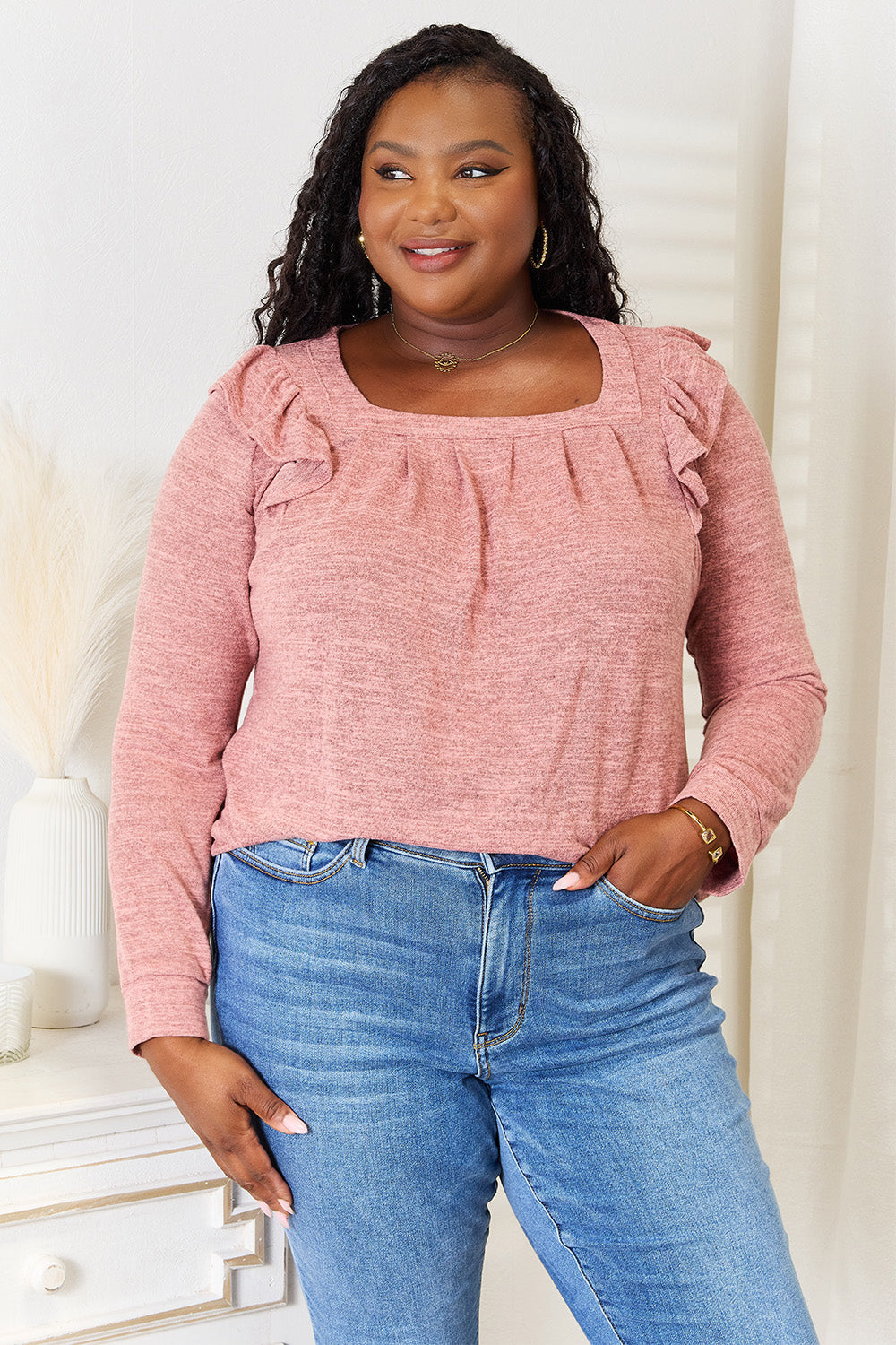 Square Neck Ruffle Shoulder Long Sleeve Tops