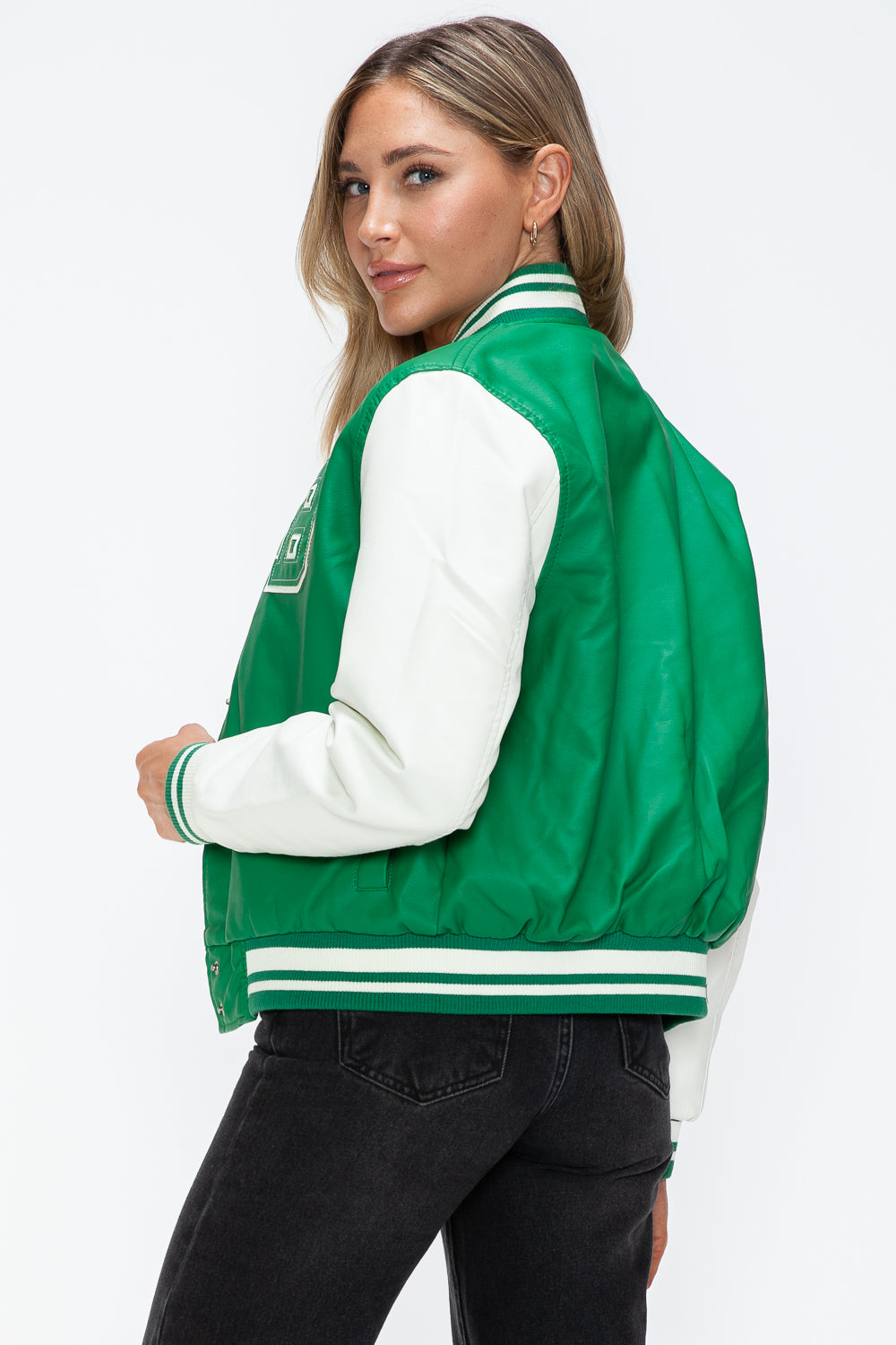 PU Leather Contrast Snap Down Bomber Jacket