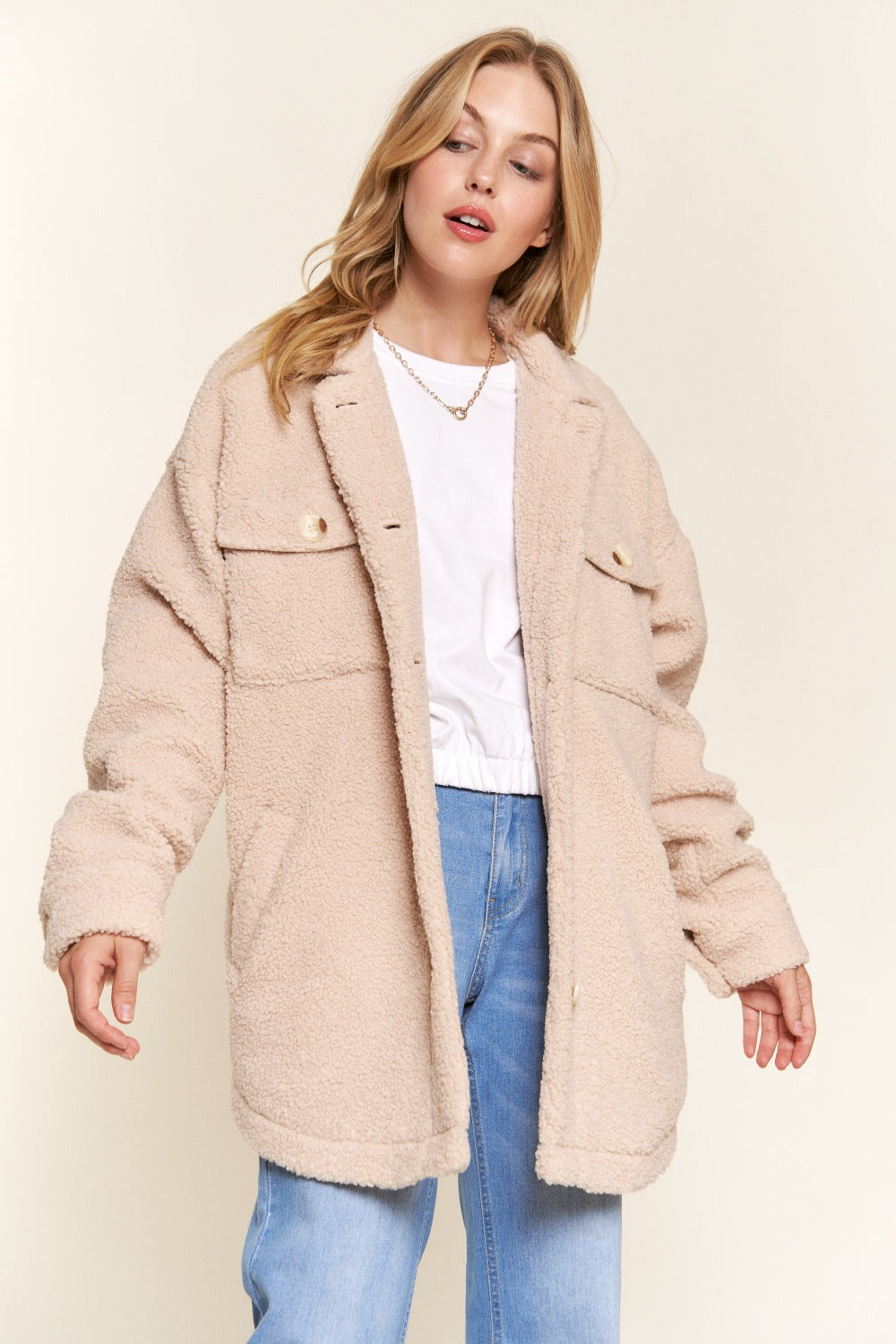 Teddy Sherpa Button Down Curved Hem "Shacket" Shirt Jacket