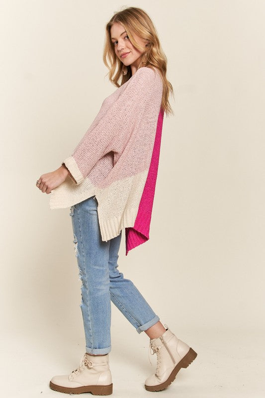 Side Slit Color Block Long Sleeve Sweater