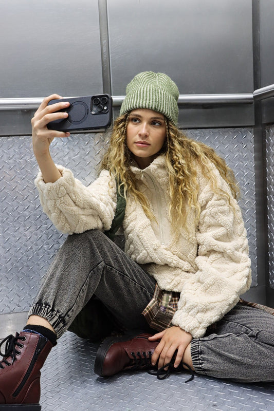 Fuzzy Fleece Half Zip Cable  Sweatshirt