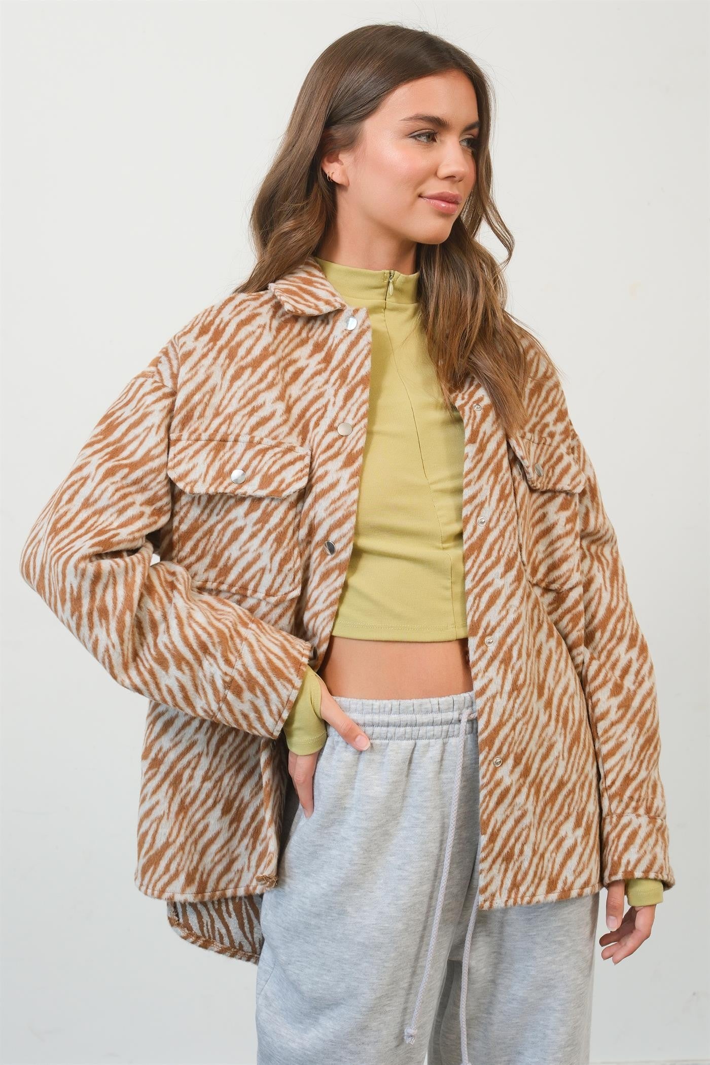 Zebra Print Snap Down Long Sleeve"Shacket" Shirt Jacket