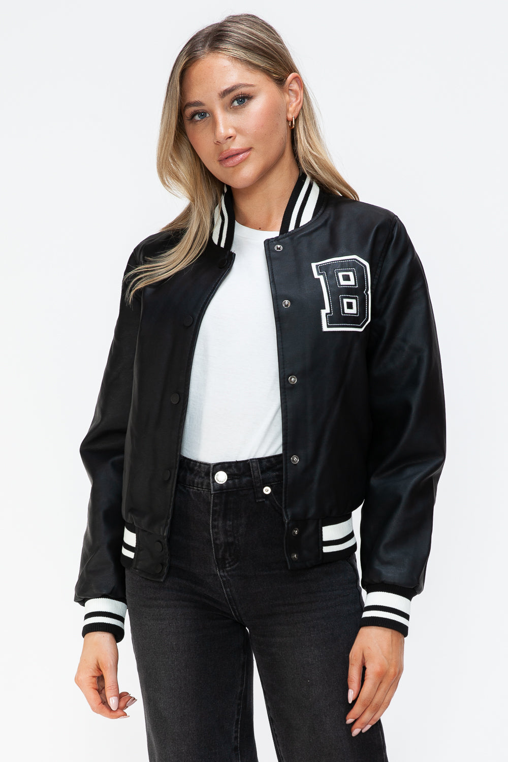 PU Leather Contrast Snap Down Bomber Jacket