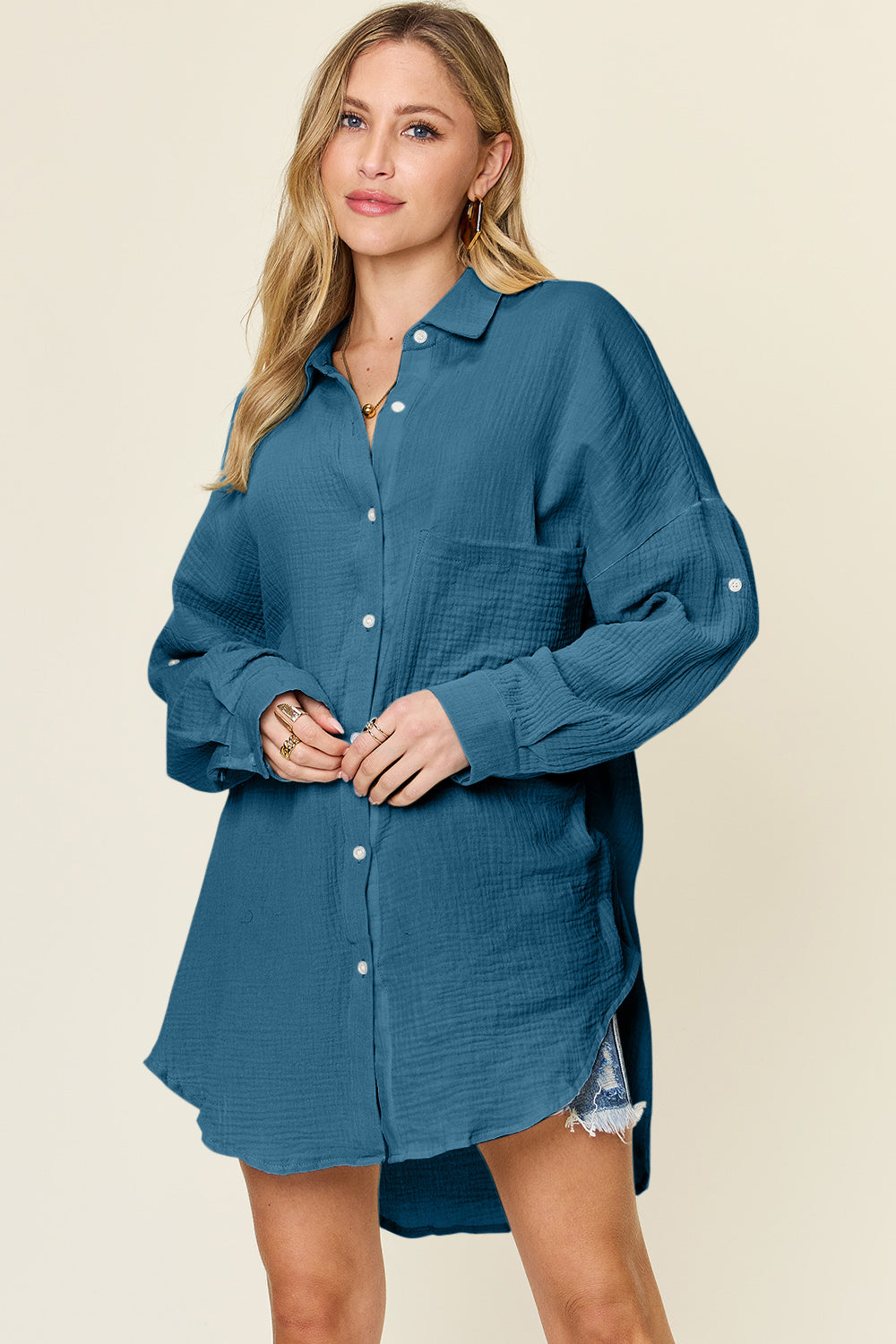 Pocketed Textured Button Up Shirt
