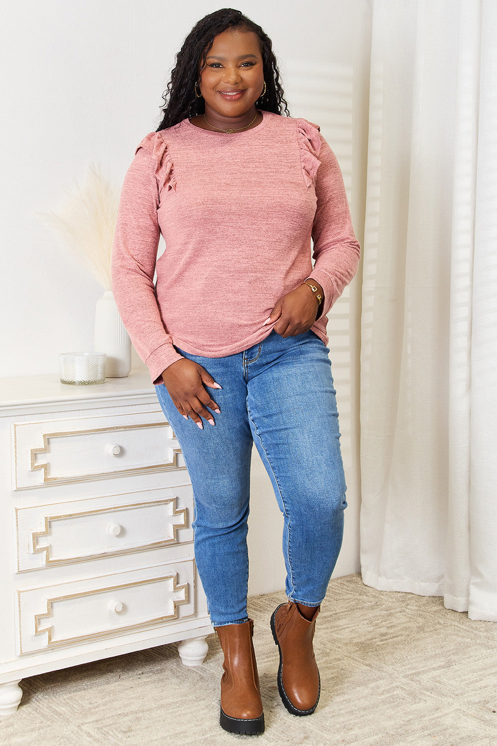 Ruffle Shoulder Long Sleeve Tops
