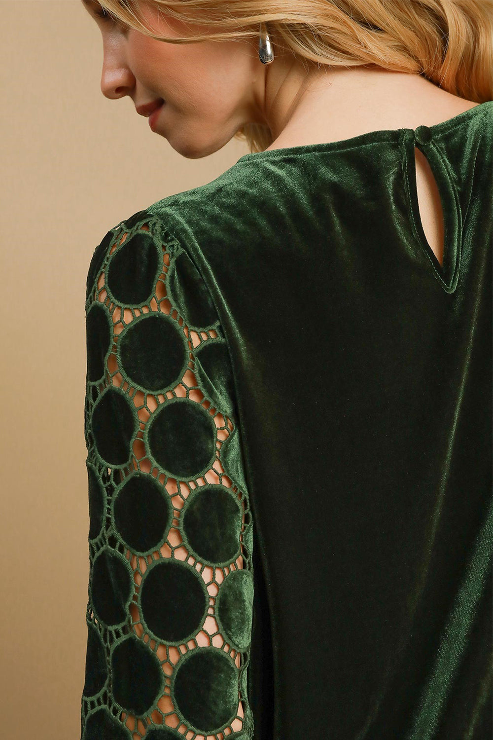 Polka Dot Lace Long Sleeve Round Neck Blouse