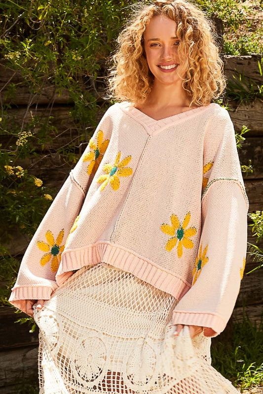 V-Neck Floral  Chenille Sweater