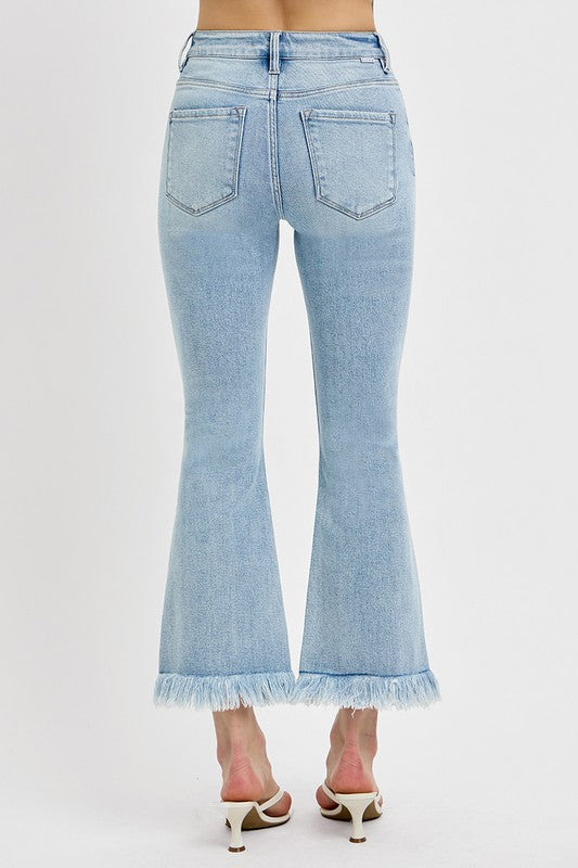 Raw Hem Distressed Cropped Flare Jeans Plus-Size