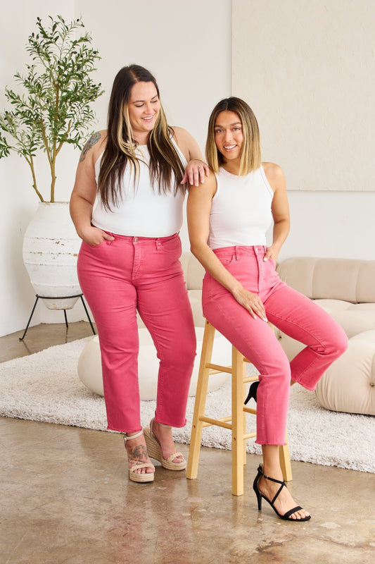 Cropped Tummy Control High Waist Raw Hem Jeans