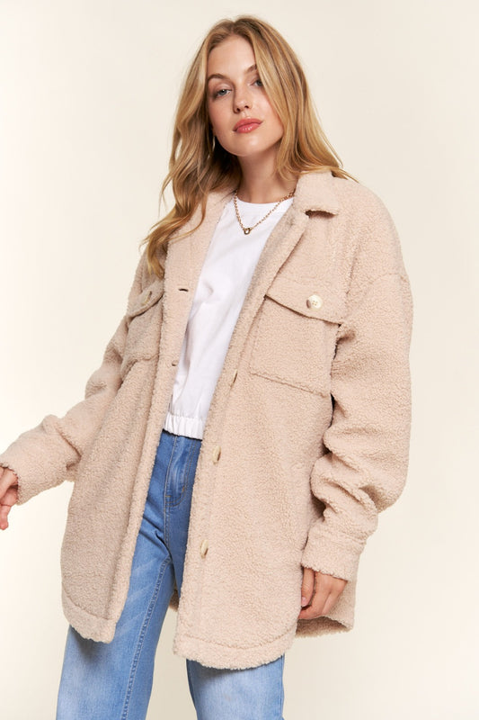Teddy Sherpa Button Down Curved Hem "Shacket" Shirt Jacket